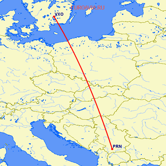 перелет Приштина — Vaxjo на карте