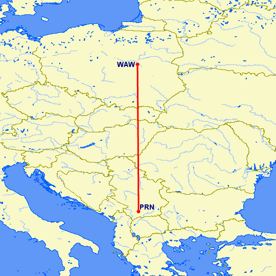 перелет Приштина — Варшава на карте