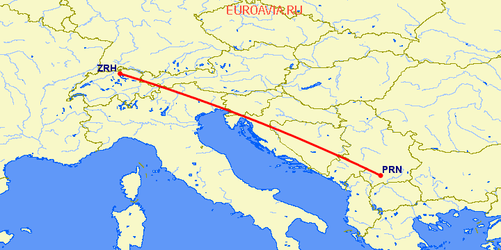перелет Приштина — Цюрих на карте