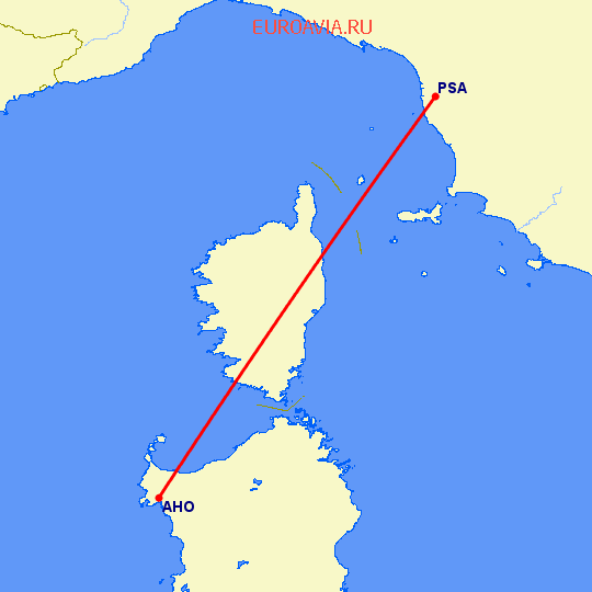 перелет Пиза — Альгеро на карте