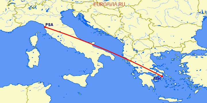 перелет Пиза — Афины на карте