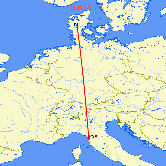 перелет Пиза — Биллунд на карте