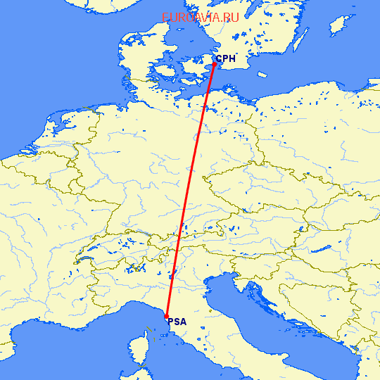 перелет Пиза — Копенгаген на карте