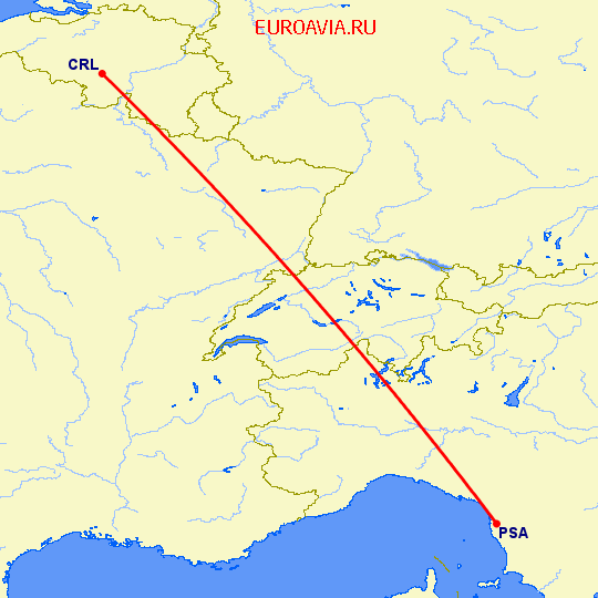 перелет Пиза — Шарлеруа на карте