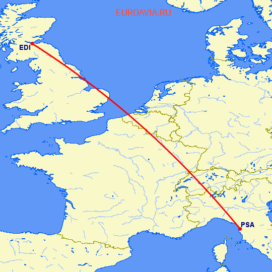 перелет Пиза — Эдинбург на карте