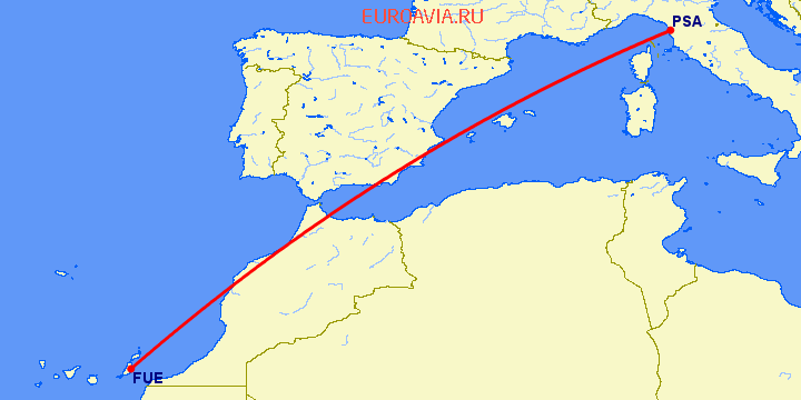 перелет Пиза — Пуэрто дель Росарио на карте