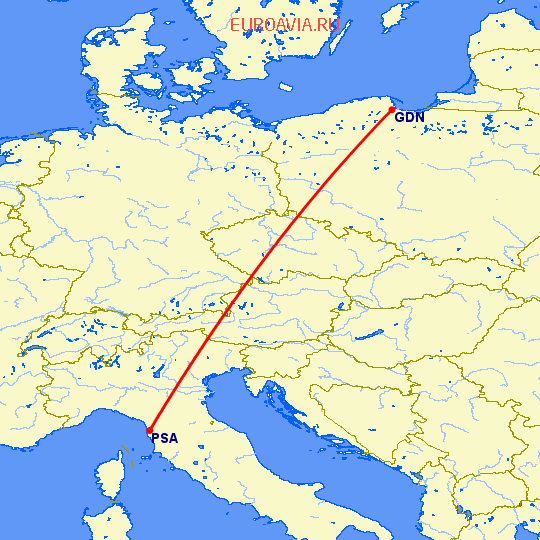 перелет Пиза — Гданьск на карте