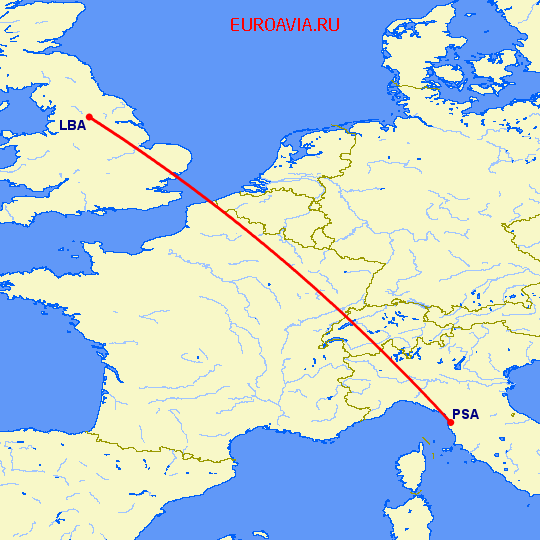 перелет Пиза — Лидс на карте