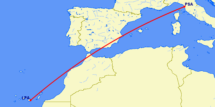 перелет Пиза — Лас Пальмас на карте