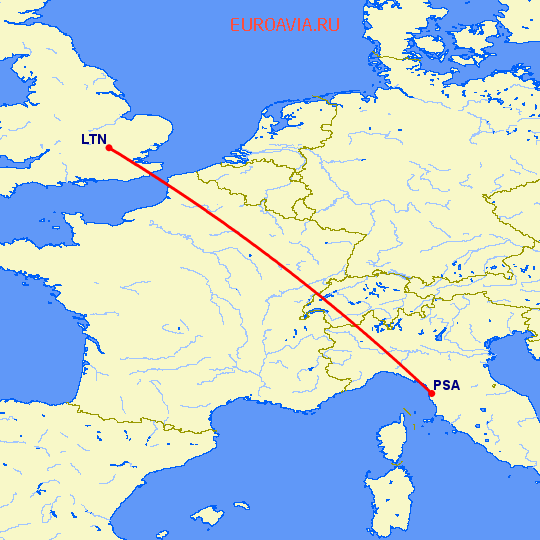 перелет Пиза — Luton на карте