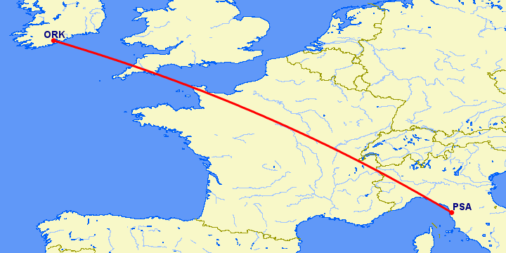 перелет Пиза — Корк на карте