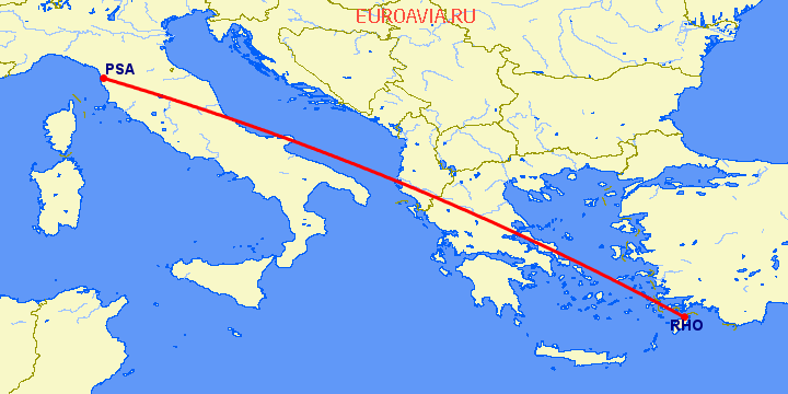 перелет Пиза — Родос на карте