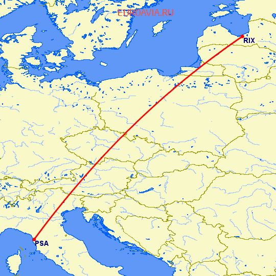 перелет Пиза — Рига на карте