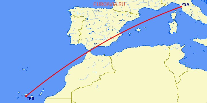 перелет Пиза — Тенерифе на карте