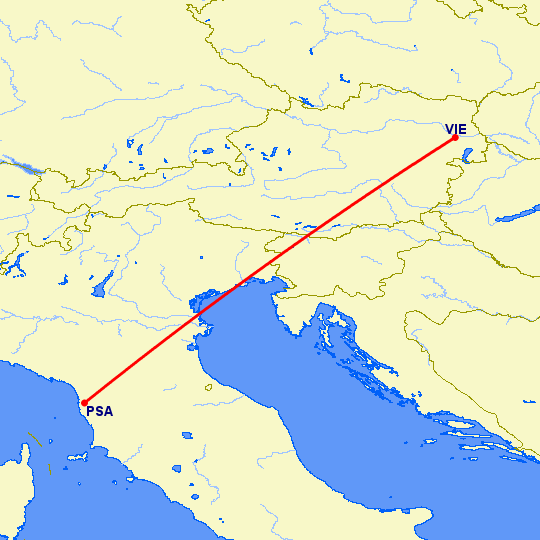 перелет Пиза — Вена на карте