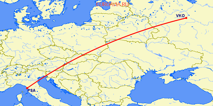 перелет Пиза — Москва на карте