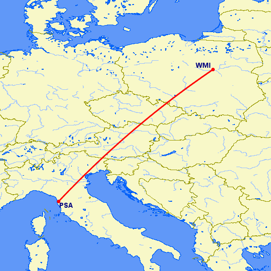 перелет Пиза — Варшава на карте