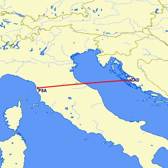 перелет Пиза — Задар на карте