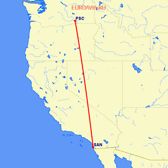 перелет Pasco — Сан Диего на карте