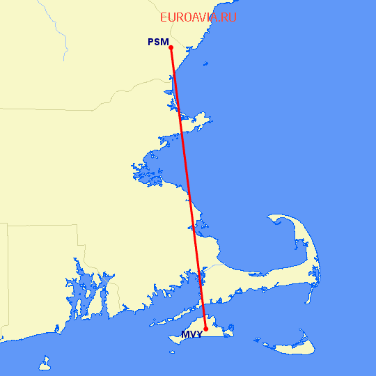перелет Бостон — Мартас-Винъярд на карте