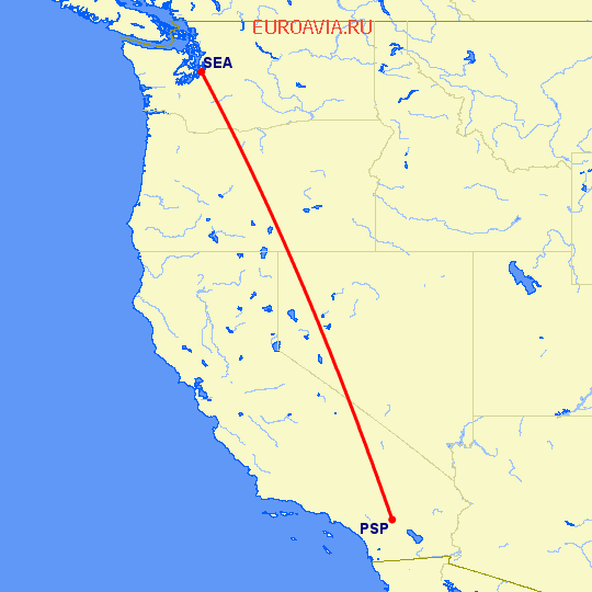 перелет Палм Спрингс — Сиэтл на карте