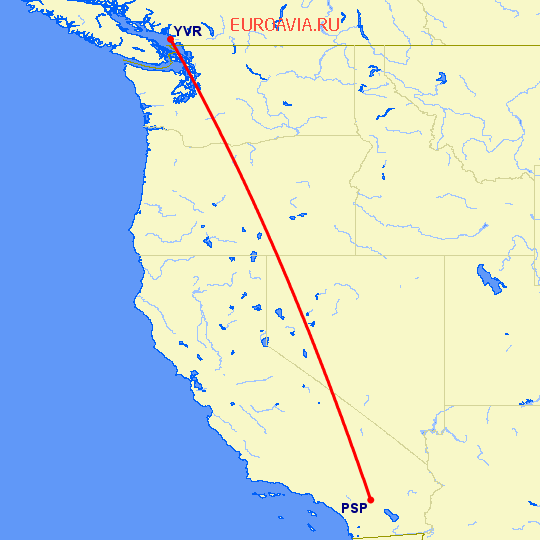 перелет Палм Спрингс — Ванкувер на карте