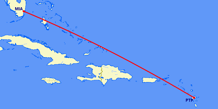 перелет Pointe-a-pitre — Майами на карте