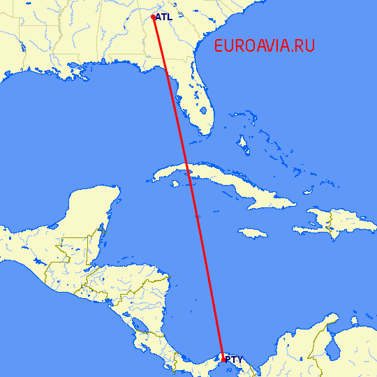 перелет Панама Сити — Атланта на карте