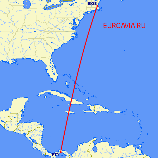 перелет Панама Сити — Бостон на карте