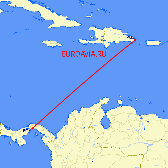 перелет Панама Сити — Пунта Кана на карте