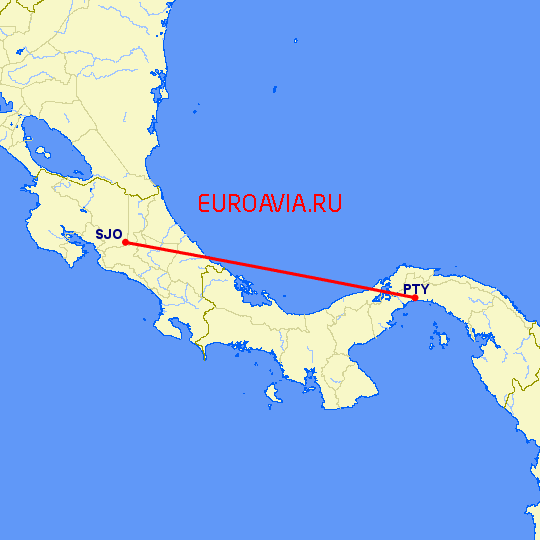 перелет Панама Сити — Сан Хосе на карте