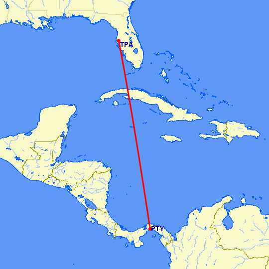 перелет Панама Сити — Тампа на карте