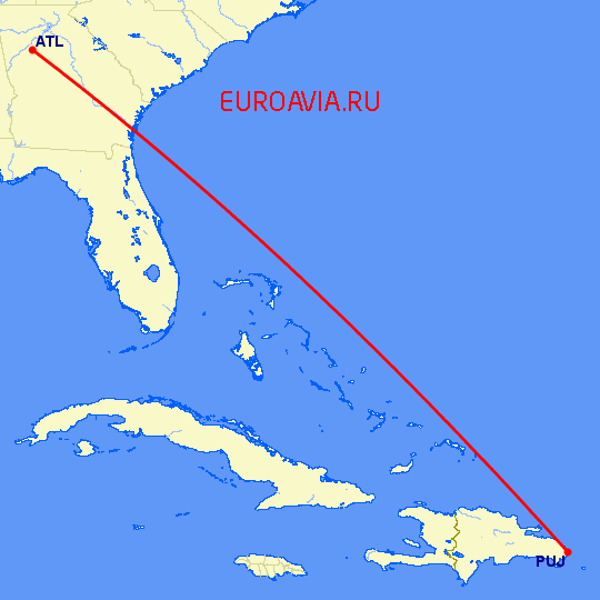 перелет Пунта Кана — Атланта на карте