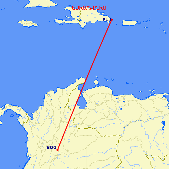 перелет Пунта Кана — Богота на карте