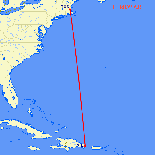 перелет Пунта Кана — Бостон на карте
