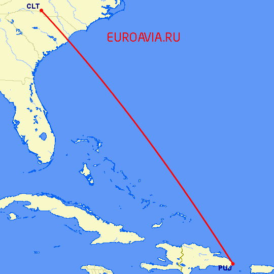 перелет Пунта Кана — Шарлотт на карте