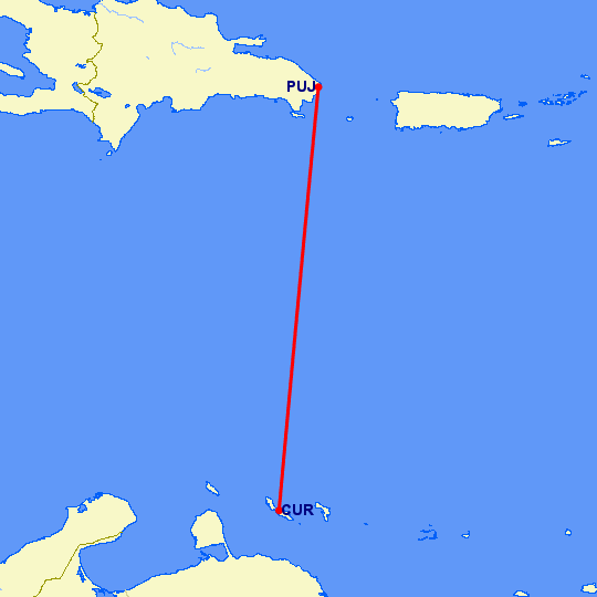 перелет Пунта Кана — Кюрасао на карте