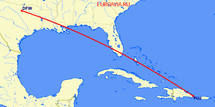 перелет Пунта Кана — Даллас на карте
