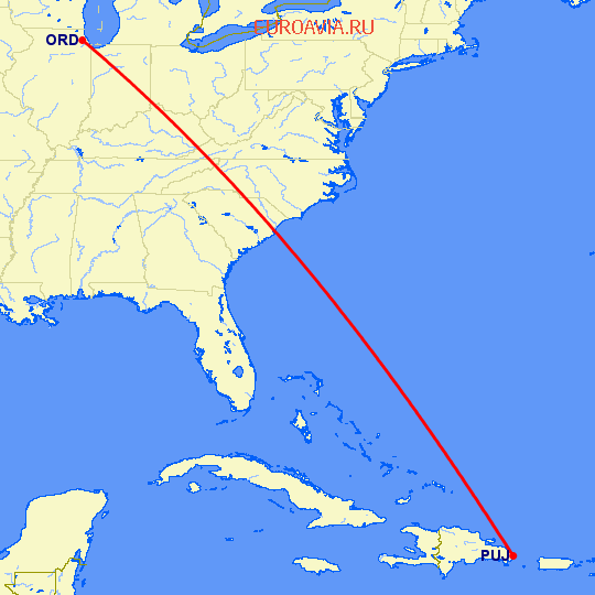 перелет Пунта Кана — Чикаго на карте