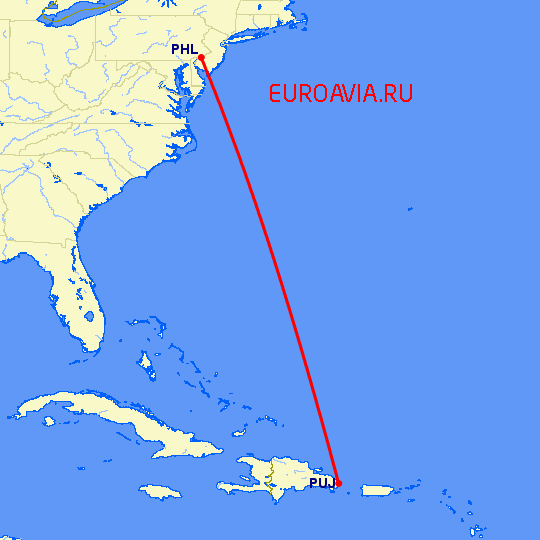 перелет Пунта Кана — Филадельфия на карте
