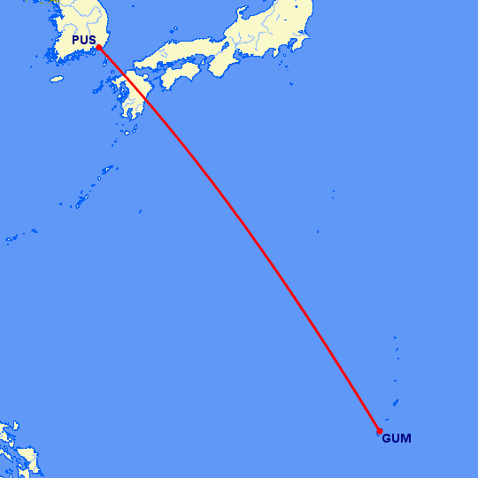 перелет Пусан — Гуам на карте