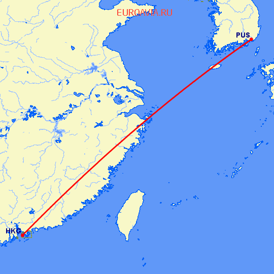перелет Пусан — Гонконг на карте