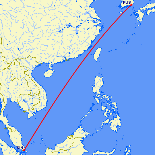 перелет Пусан — Сингапур на карте