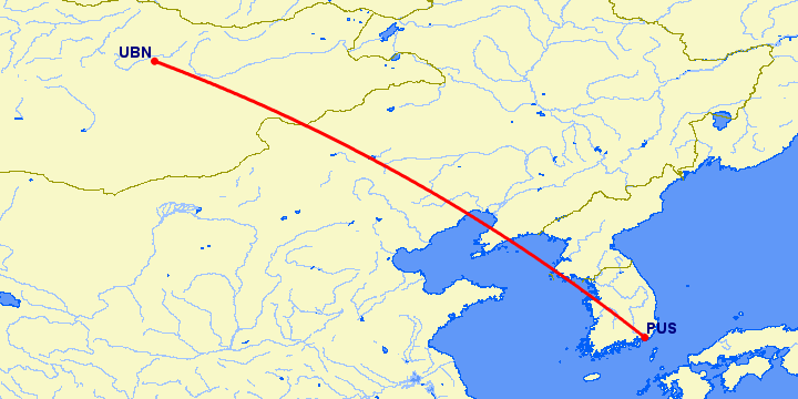 перелет Пусан — Улан Батор на карте