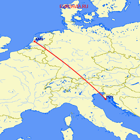 перелет Пула — Амстердам на карте