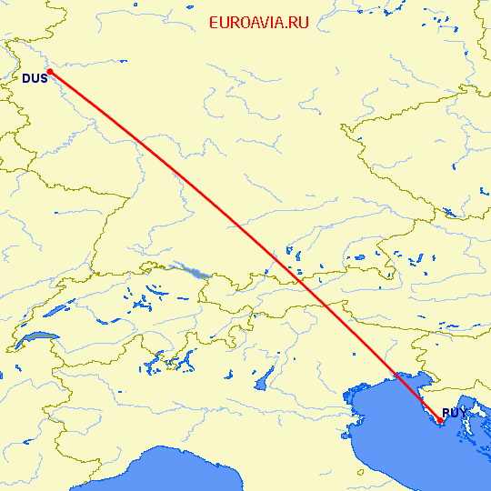 перелет Пула — Дюссельдорф на карте