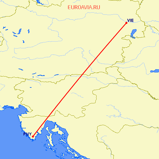 перелет Пула — Вена на карте