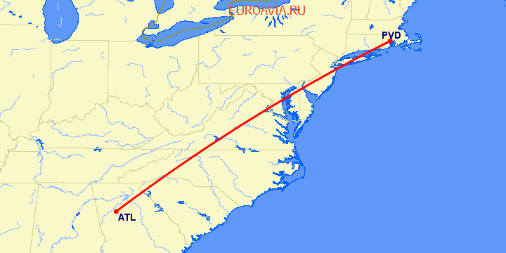перелет Провиденс — Атланта на карте