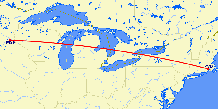 перелет Провиденс — Миннеаполис на карте