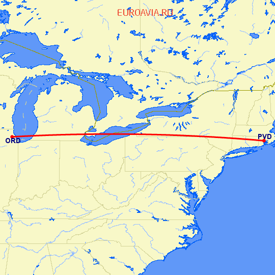 перелет Провиденс — Чикаго на карте